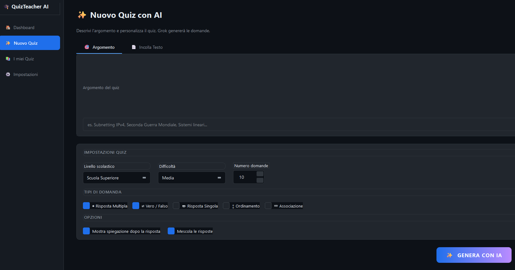 Schermata creazione nuovo quiz con AI