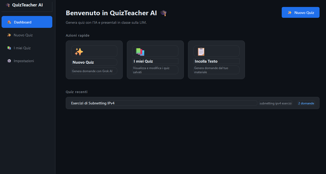 Dashboard principale di QuizTeacher AI