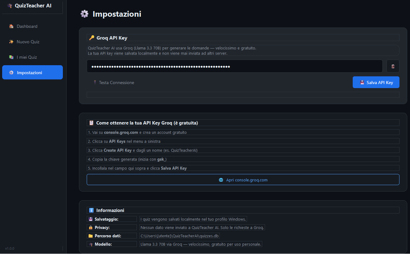 Schermata impostazioni e licenza